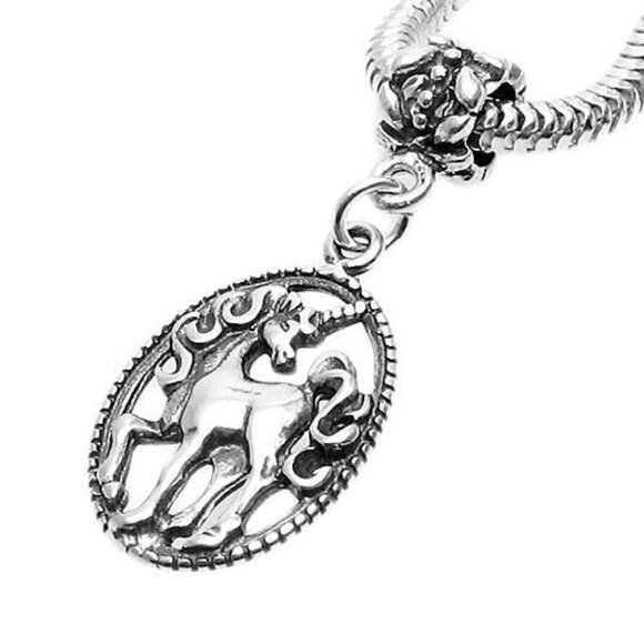 UNICORN IN OVAL FRAME EURO BEAD CHARM IN STERLING SILVER. - Picture 1 of 1